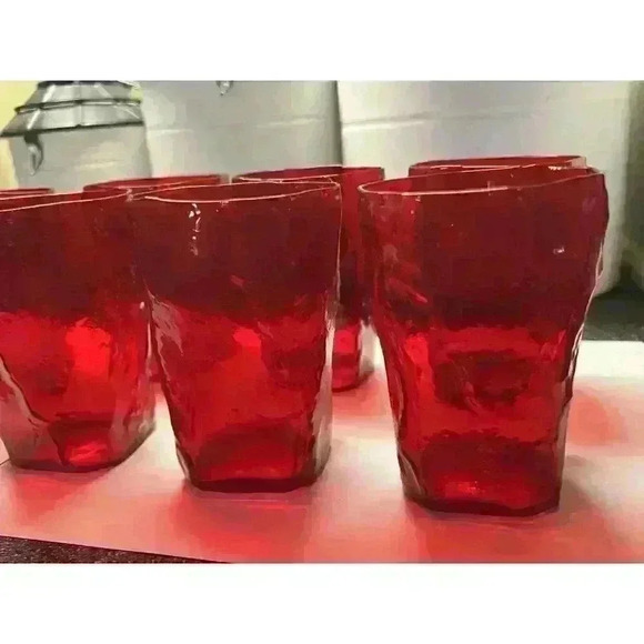 7 Vintage Ruby Red Morgantown Seneca Crinkle Driftwood Juice Mid Century glasses - Picture 8 of 8